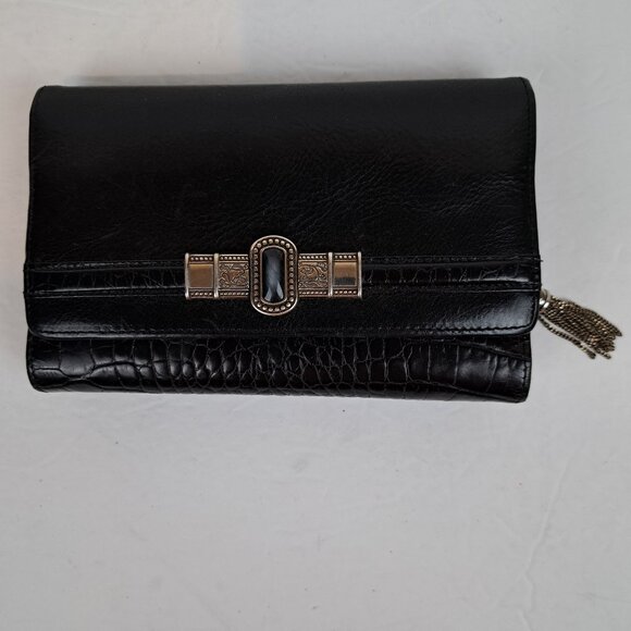 Brighton Croc Embossed Black  Leather Crossbody Clutch Wallet - Picture 2 of 12
